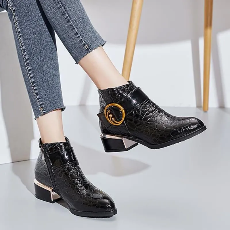 Buckle  Square Heel Short Boots Zipper Ankle Booties