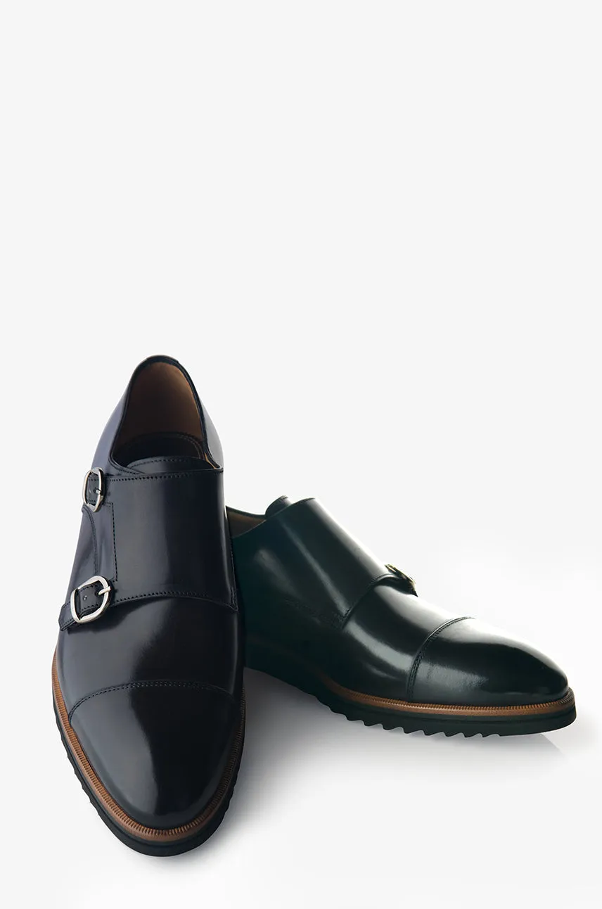 David August Leather Double Buckle Monk-Strap Shoes in Dark Black Nero Fondente