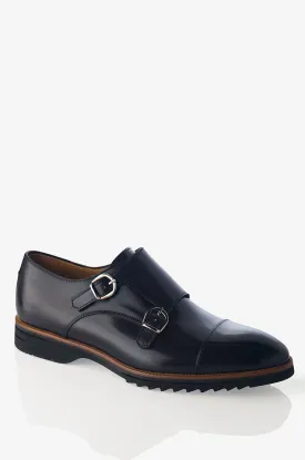 David August Leather Double Buckle Monk-Strap Shoes in Dark Black Nero Fondente