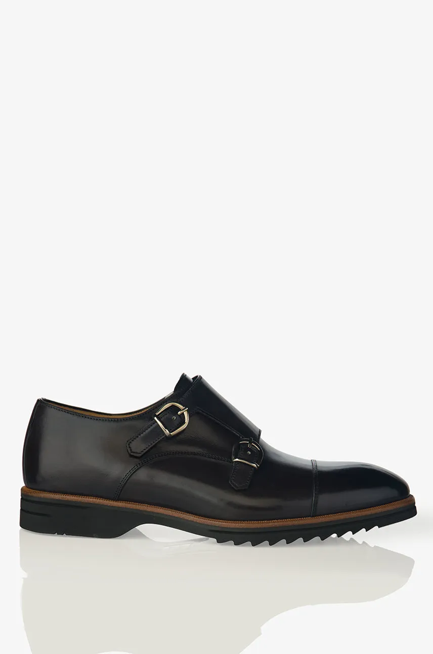 David August Leather Double Buckle Monk-Strap Shoes in Dark Black Nero Fondente
