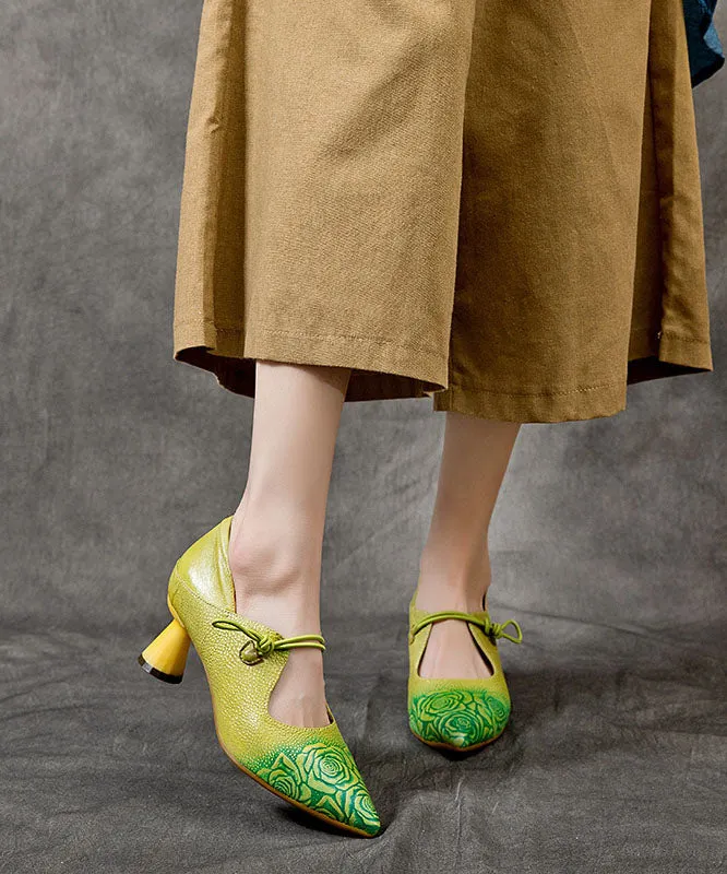 Fluorescent Green Embossed Buckle Strap Splicing Cowhide Leather Chunky High Heels