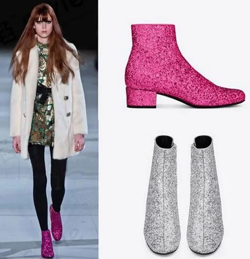 Glittered Leather Ankle Boot - (Fuchsia, Silver, Gold)