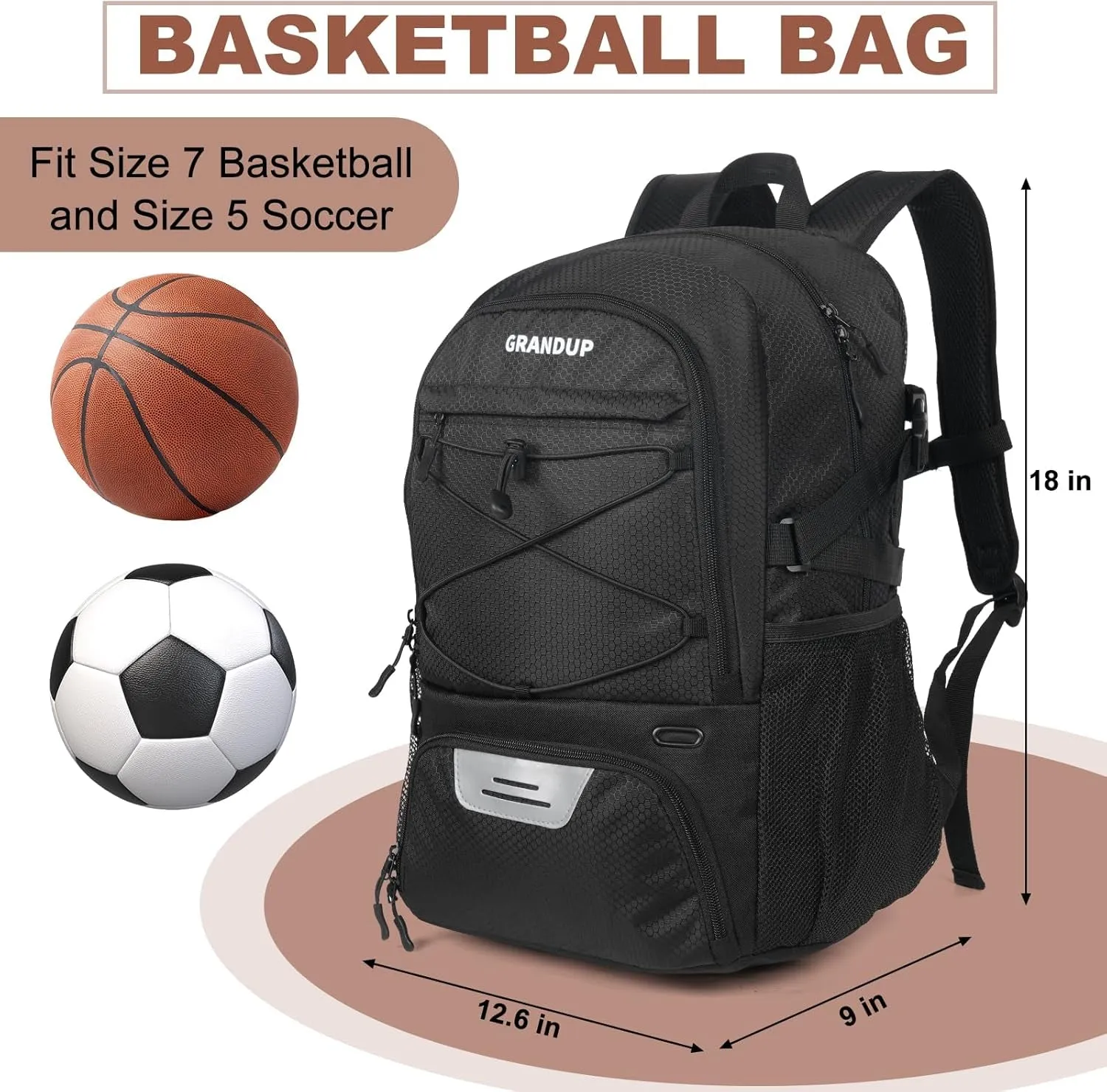 GRANDUP Basketball Backpack with Ball and Shoes Compartment Fit Volleyball, Soccer, Swim, Gym, Travel, and School, Large Capacity Sports Training Equipment Bags