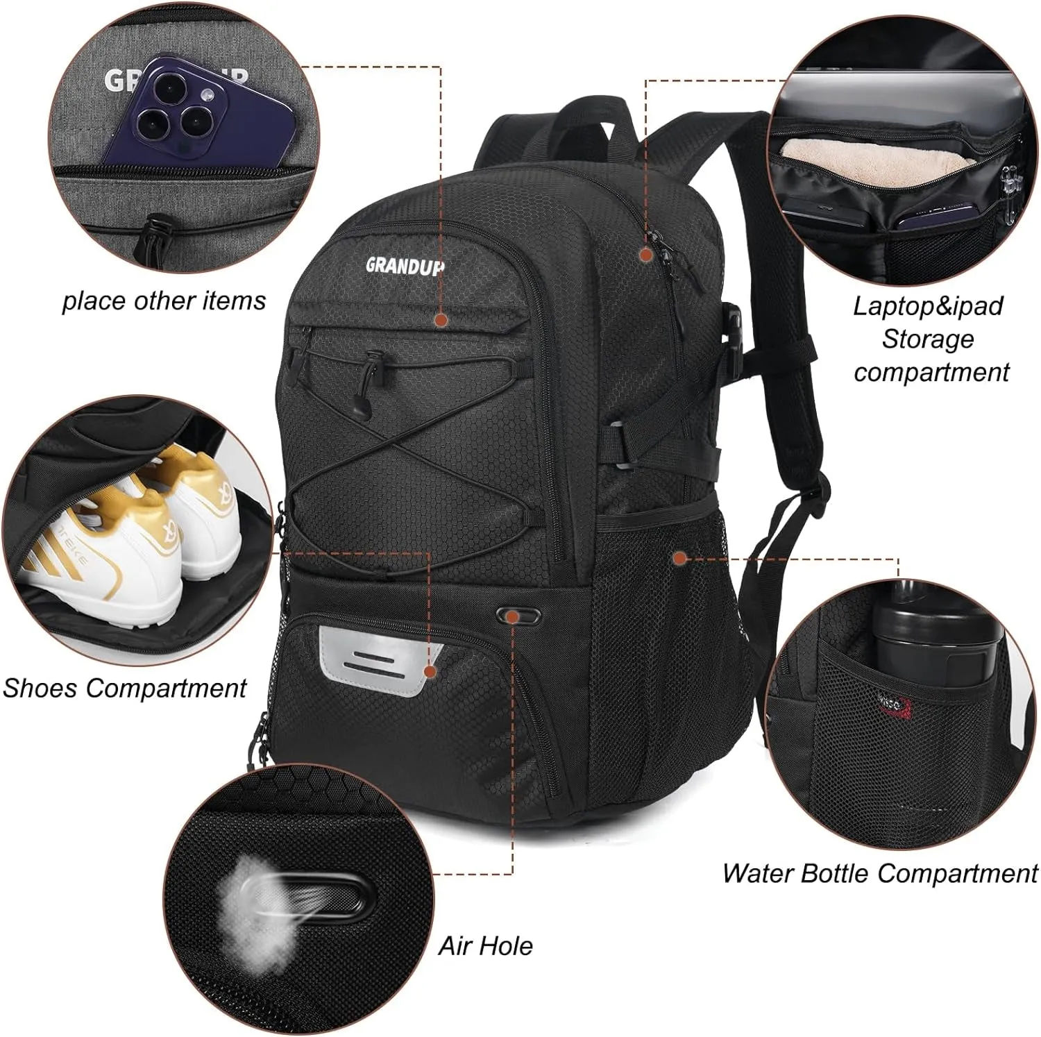 GRANDUP Basketball Backpack with Ball and Shoes Compartment Fit Volleyball, Soccer, Swim, Gym, Travel, and School, Large Capacity Sports Training Equipment Bags