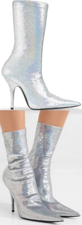 Knife Sequined Sock Boots, Silver