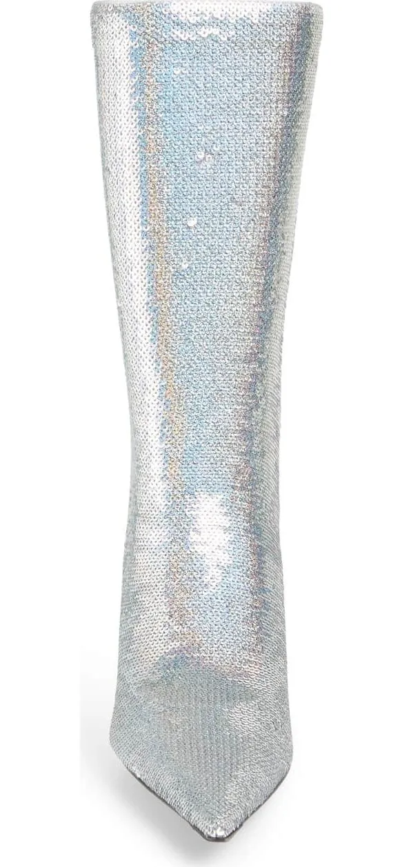 Knife Sequined Sock Boots, Silver