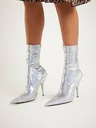 Knife Sequined Sock Boots, Silver
