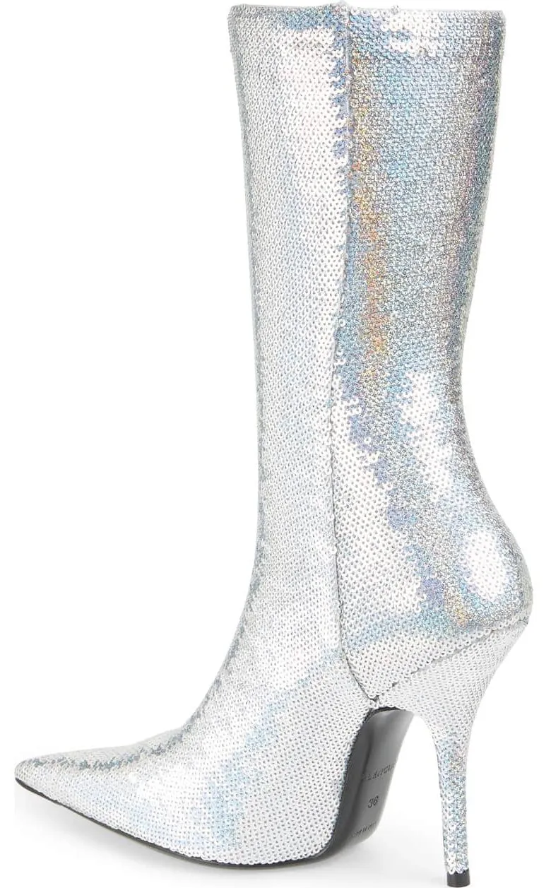 Knife Sequined Sock Boots, Silver