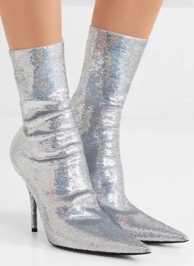Knife Sequined Sock Boots, Silver