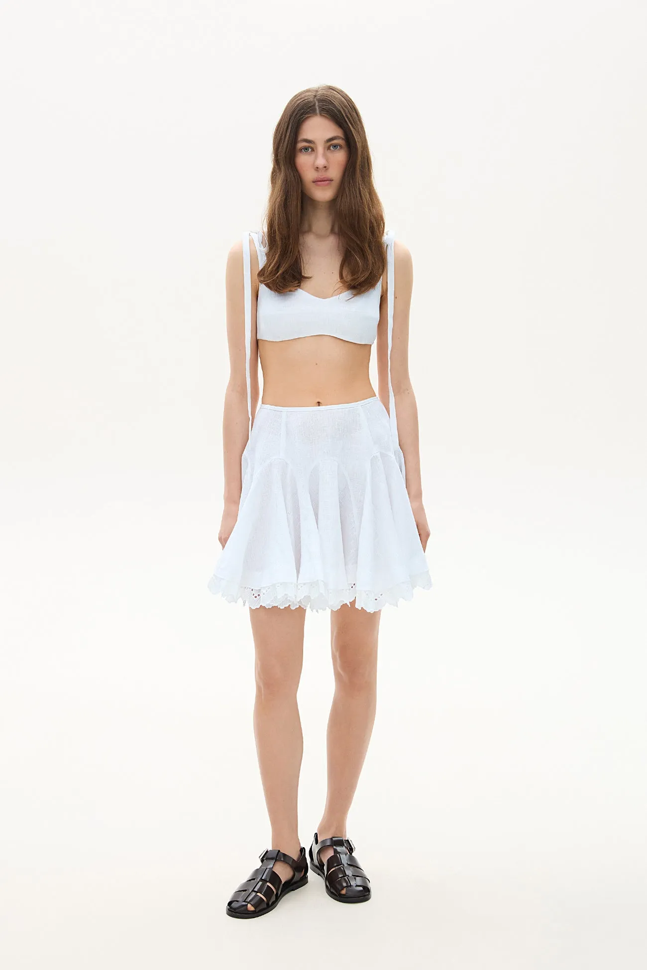 Linen mini skirt with lace white