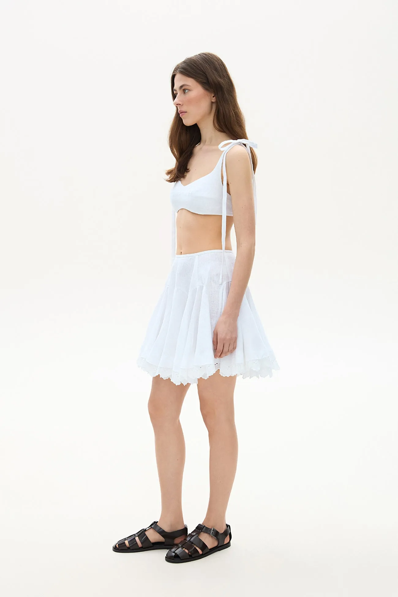 Linen mini skirt with lace white