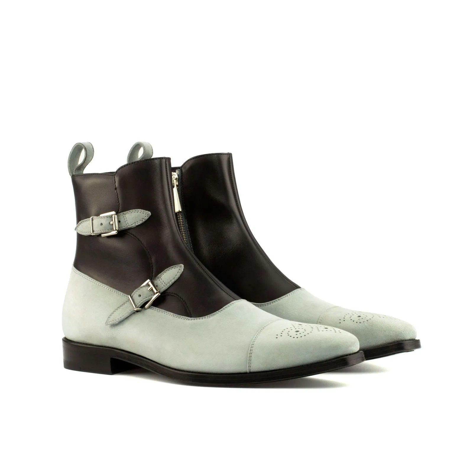 Octavian Buckle Boot-Kid Suede, Box Calf, Grey, Black-Wholesale