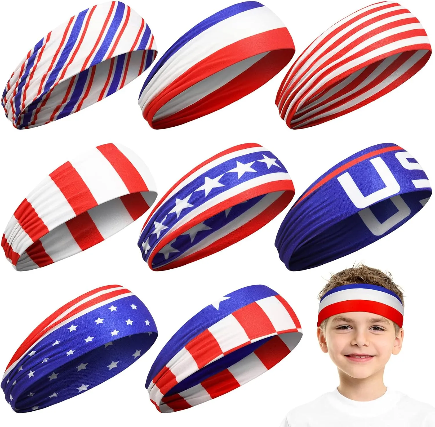 Sosation 8 Pcs 4th of July Headbands Kids Sports Headbands Boys Baseball American Flag Hair Band for Youth Players, USA Running Sweatbands for Independence Day