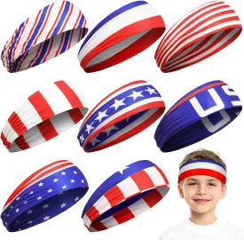 Sosation 8 Pcs 4th of July Headbands Kids Sports Headbands Boys Baseball American Flag Hair Band for Youth Players, USA Running Sweatbands for Independence Day