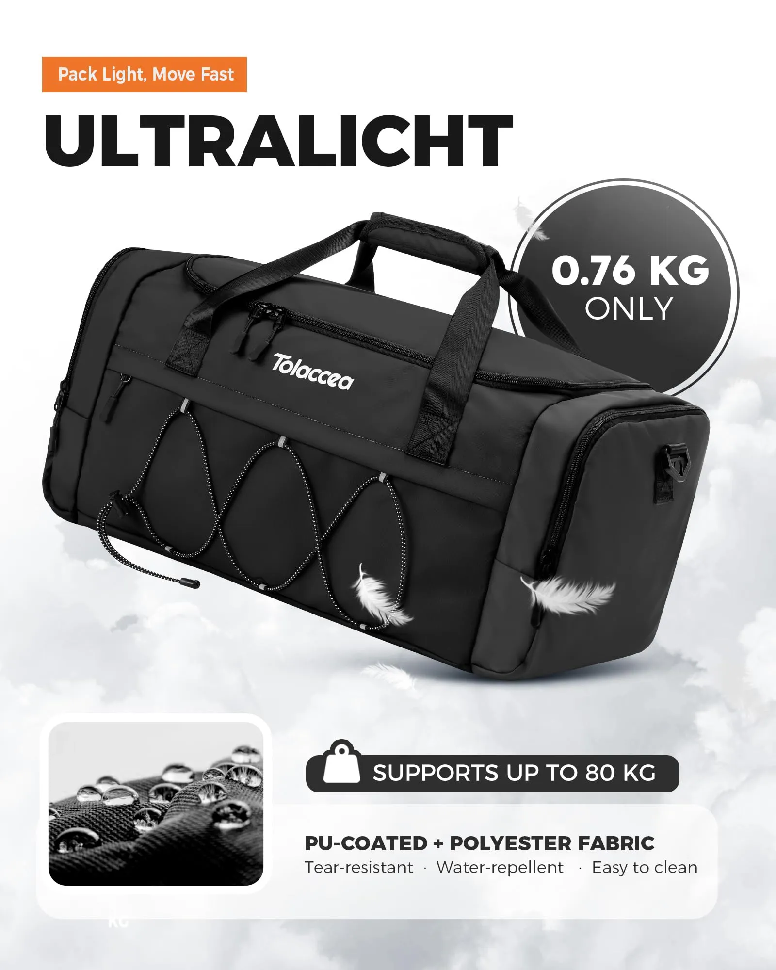 Tolaccea Sports Gym Bag for Men Women, Travel Bag with Wet Pocket & Shoe Compartment, Duffle Bag Weekend Overnight Holdall Bags for Swim Yoga Vacation, Foldable Lightweight Waterproof - 35L
