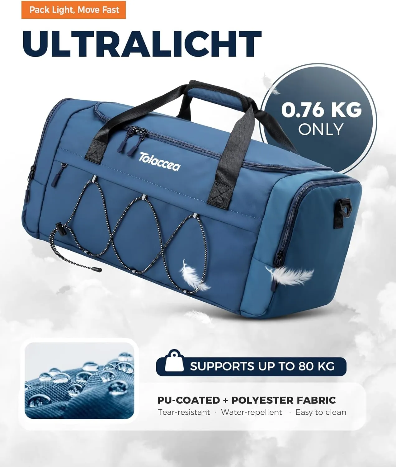 Tolaccea Sports Gym Bag for Men Women, Travel Bag with Wet Pocket & Shoe Compartment, Duffle Bag Weekend Overnight Holdall Bags for Swim Yoga Vacation, Foldable Lightweight Waterproof - 35L