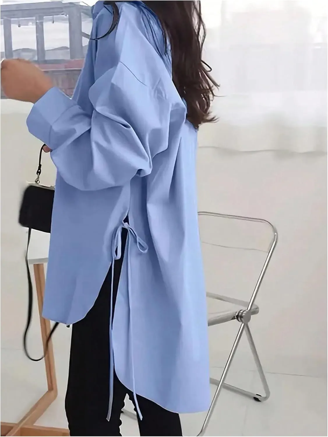 Verdusa Women's Oversized Button Down Shirts Split High Low Long Sleeve Blouses