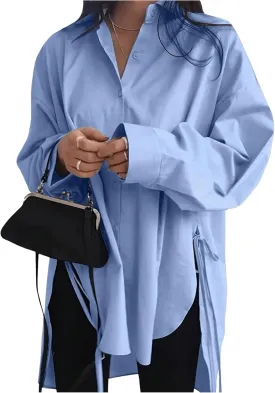 Verdusa Women's Oversized Button Down Shirts Split High Low Long Sleeve Blouses