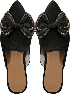 Women's Bow Mules Dressy Pointed Toe Flat Shoes Backless Loafers Slide Sandals Casual Slides Work Shoes